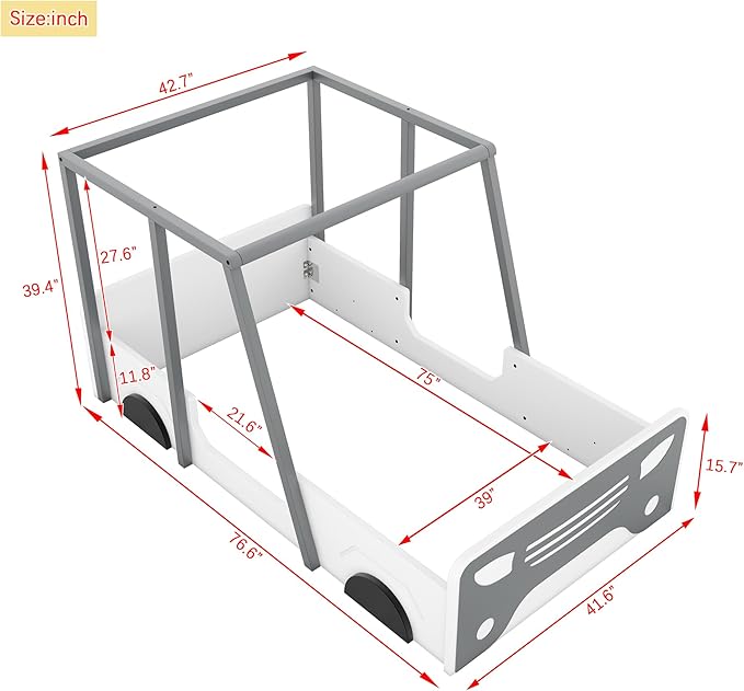 Toddler Twin Size Car Bed with Roof & Door,Wooden Car-Shaped Floor Bedframe W/Safety Guardrail,Racecar Design,Easy Assembly,Montessori Inspired Bedroom Furniture for Boys Kids Teens,Grey - LeafyLoom