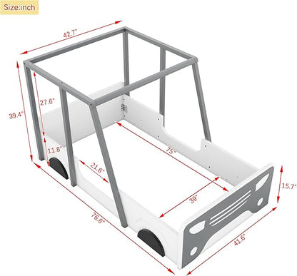 Toddler Twin Size Car Bed with Roof & Door,Wooden Car-Shaped Floor Bedframe W/Safety Guardrail,Racecar Design,Easy Assembly,Montessori Inspired Bedroom Furniture for Boys Kids Teens,Grey - LeafyLoom