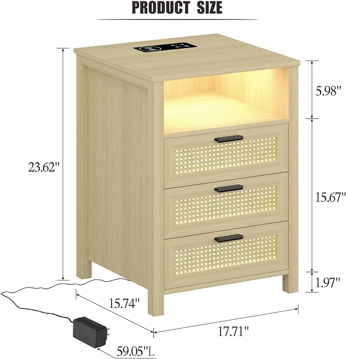 Rattan Nightstand with Charging Station, Night Stand with 3 Drawers and Open Shelf, Bed Side Table with LED Lights for Bedroom, Living Room, Natural Wood - LeafyLoom