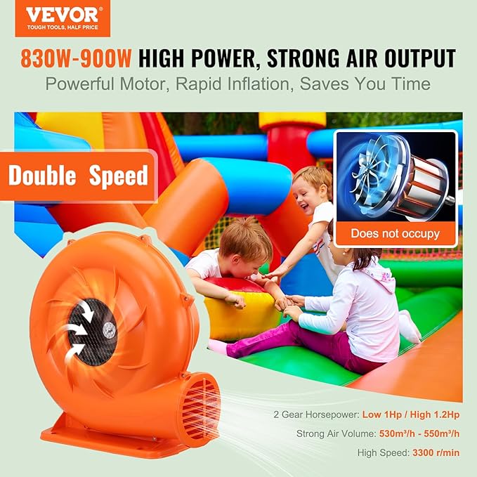 VEVOR Inflatable Blower, 900W, 1 HP & 1.2 HP Bounce House Blower, Commercial-grade Air Blower for Inflatables, 3300 RPM, Bouncy Castle Electric Blower Perfect for Bounce House, Waterslides, ETL Listed - LeafyLoom