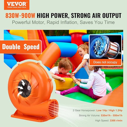 VEVOR Inflatable Blower, 900W, 1 HP & 1.2 HP Bounce House Blower, Commercial-grade Air Blower for Inflatables, 3300 RPM, Bouncy Castle Electric Blower Perfect for Bounce House, Waterslides, ETL Listed - LeafyLoom