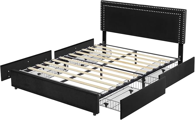 VECELO Queen Size Upholstered Platform Bed Frame with 4 Storage Drawers, Adjustable Velvet Rivets Headboard, Wooden Slats Support, No Box Spring Needed, Easy Assembly - LeafyLoom