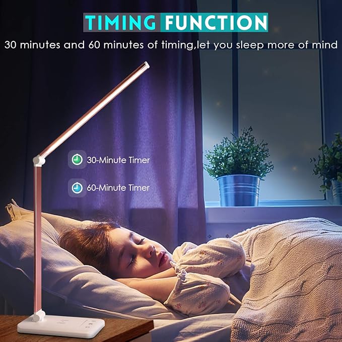 LED Desk Lamp with Wireless Charger, USB Charging Port, Desk Lighting with 10 Brightness, 5 Color Modes, Dimmable Eye Caring Reading Desk Lamps for Home Office, Touch Control, Auto Timer, Pink - LeafyLoom