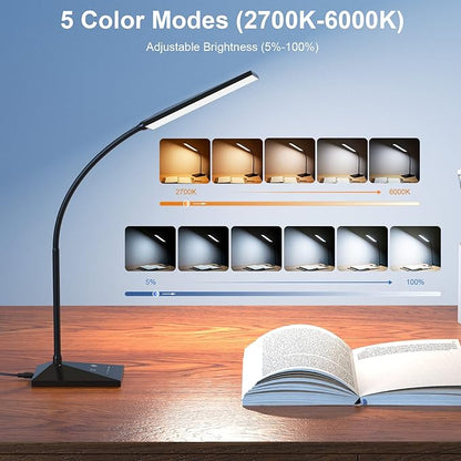 LED Desk Lamp Eye-Caring Table Lamps with USB Charging Port,7 Brightness Levels & 5 Color Modes,Touch Control and Memory Function, Flexible Gooseneck Reading Lamp for Home Office, Black - LeafyLoom