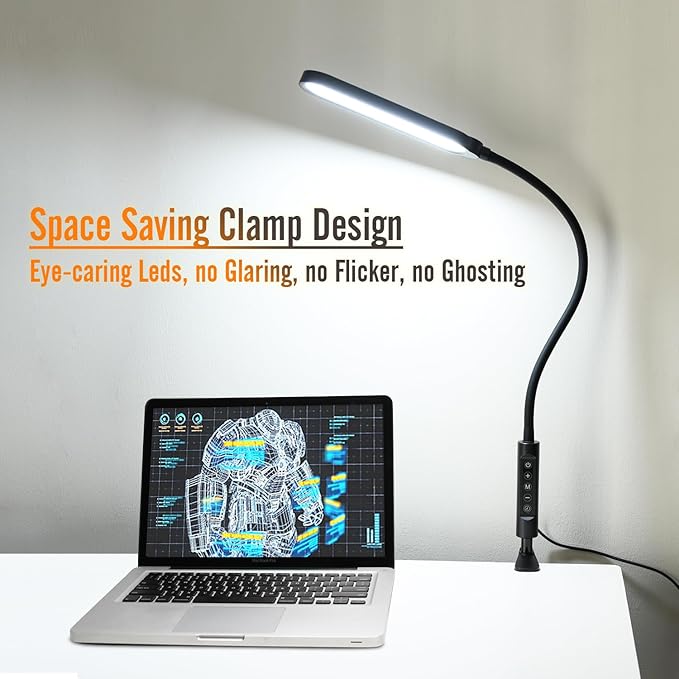 Clamp on Lamp, LED Desk Lamp, 18W, 3000 LMS, 3 Color Modes, 16 Brightness Levels, CRI>95, 0.5H/1H Timer, Eye-Caring Task Lamp with Remote for Reading, Home, Office (Adapter Included) - LeafyLoom