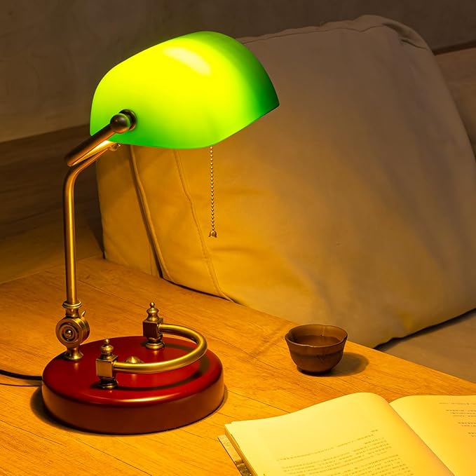 Green Bankers Desk lamp for Home Office Vintage Desk Retro lamp Workplace Lighting Piano Light Bedside lamp Pull Rope Switch，Glass lampshade，UL Certified lamp Holder, Wire - LeafyLoom