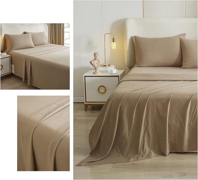 HighBuy Khaki Sheets for Queen Size Bed,4 Piece Cooling Sheets Queen Deep Pocket up to 16 Inch,Solid Bedding Sheets & Pillowcases Set,Wrinkle, Fade, Stain Resistant - 4 Piece (Queen, Khaki) - LeafyLoom