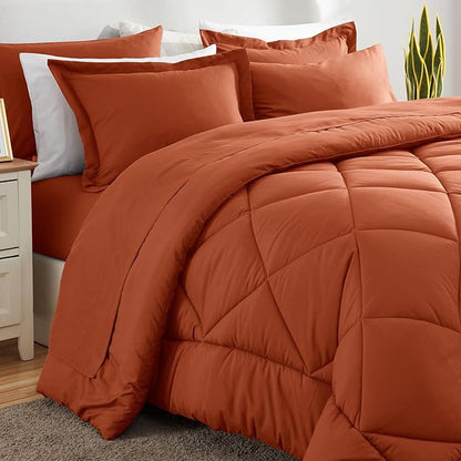 CozyLux King Comforter Set with Sheets 7 Pieces Bed in a Bag Burnt Orange All Season Bedding Sets with Comforter, Pillow Shams, Flat Sheet, Fitted Sheet and Pillowcases - LeafyLoom