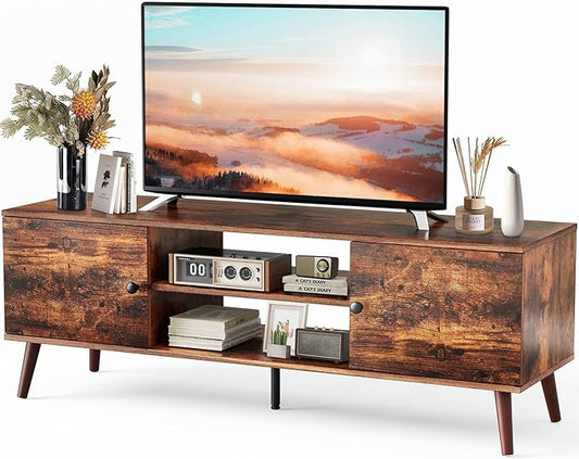 Sweetcrispy TV Stand for 55 60 inch TV, Modern Mid Century Entertainment Center with Storage, Media Console Table 2 Cabinet, Soft Hinge, Handle Door, Wooden Living Room, Office Furniture, Retro Brown - LeafyLoom