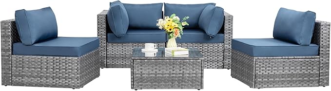 Shintenchi 5 Pieces Outdoor Patio Sectional Sofa Couch, Silver Gray PE Wicker Furniture Conversation Sets with Washable Cushions & Glass Coffee Table for Garden, Poolside, Backyard (Aegean Blue) - LeafyLoom