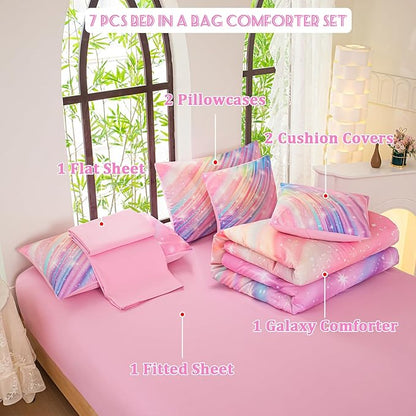 Full Size Bedding Sets Kids Bedding Sets for Girls,Galaxy Bedding 7pieces Glitter Pink Comforter, Colorful Comforter Full Size Comforter Sets for Teen Girls - LeafyLoom