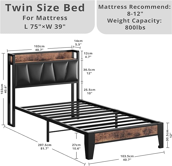 LIKIMIO Twin Bed Frame, Storage Headboard with Charging Station, Solid and Stable, Noise Free, No Box Spring Needed, Easy Assembly (Vintage and Black) - LeafyLoom