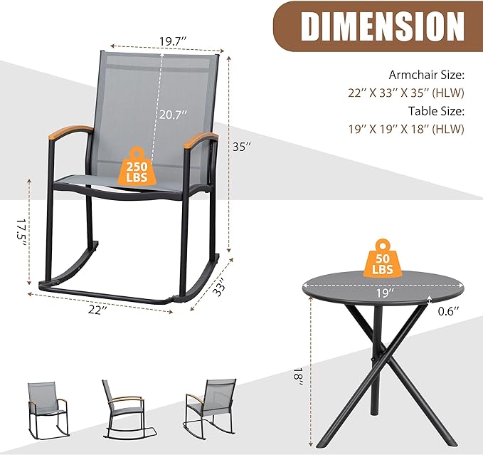 Shintenchi 3 Piece Outdoor Rocking Bistro Set, Textilene Fabric Small Patio Furniture Set, Front Porch Rocker Chairs Conversation Set with Table for Lawn, Garden, Balcony, Poolside (Light Gray) - LeafyLoom