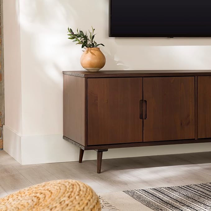 Walker Edison Genia Mid-Century Modern Solid Wood Stand for TVs up to 65 Inches, Walnut - LeafyLoom