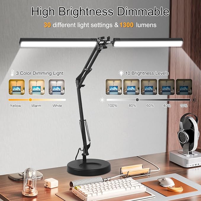 2-in-1 LED Desk Lamp, 24W Brightestwith Table Lamp with Clamp, Desk Light with Flexible Swing Arm,3 Color Modes Stepless Dimmable Double Head Architect Desk Lamps for Home Office Workbench Reading - LeafyLoom