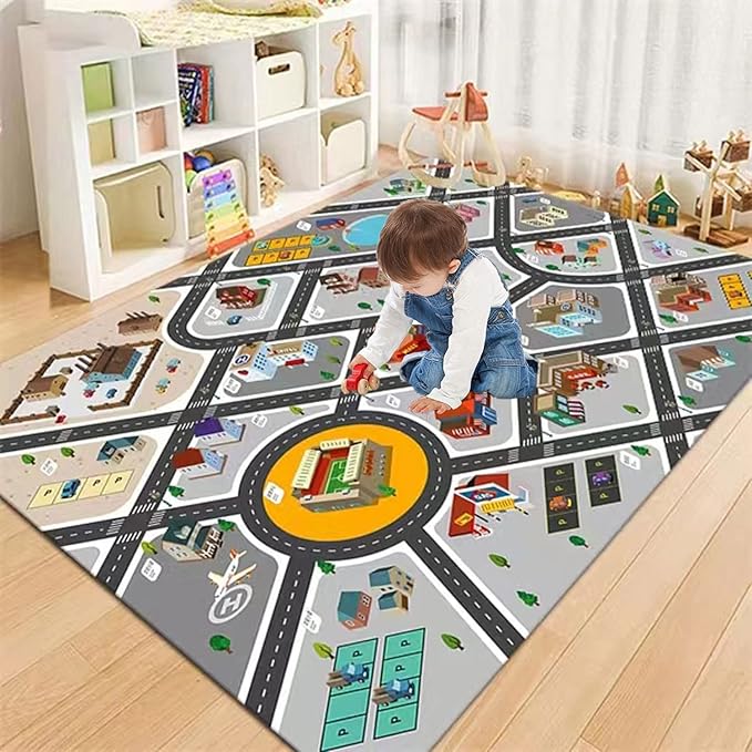 Kids Rug Play Mat Great for Playing with Cars and Toys,Educational Kid Road and Traffic City Life Carpet,Children Baby Fun Throw Rug for Bedroom Play Room,31X47Inch/80X120CM - LeafyLoom