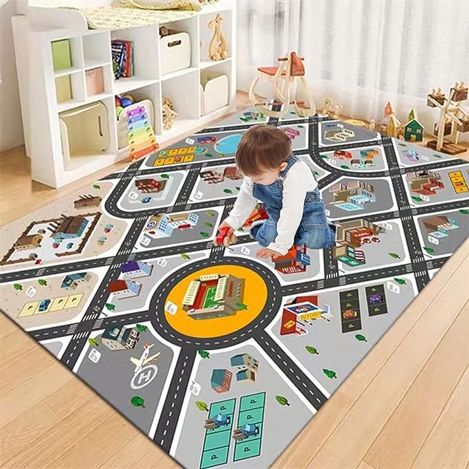 Kids Rug Play Mat Great for Playing with Cars and Toys,Educational Kid Road and Traffic City Life Carpet,Children Baby Fun Throw Rug for Bedroom Play Room,31X63Inch/80X160CM - LeafyLoom