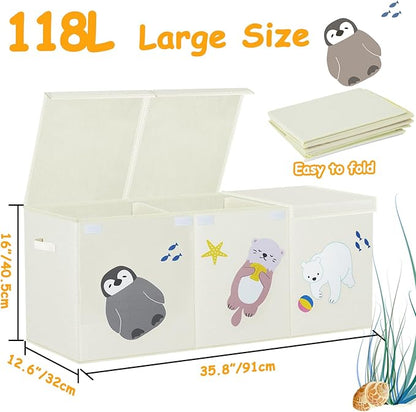 Large Toy Box Storage Chest,Sturdy Toys Storage Organizer Bin Basket with Dividers and Lids for Toddlers,Boys,Girls,Nursery,Closet,Living Room Area,Playroom(Beige Animals) - LeafyLoom