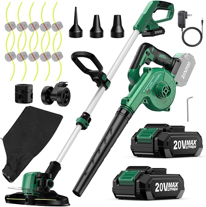 KIMO 4-in-1 Cordless Leaf Blower/Vacuum & String Trimmer/Weed Edger Combo Kit w/2x2.0 Battery & 10Pcs Spool Line, Variable Speed Trigger for Blowing/Vaccuming/Dusting/Clearing/Lawn Edging/Gardening - LeafyLoom