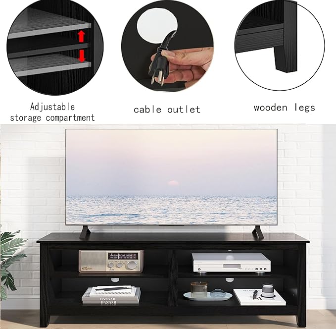 TV Stand for 65 inch TV with Storage,Modern TV Entertainment Center for Bedroom,TV Media Console Table with 4 Open Storage Shelve,55 inch Wood TV Cabinet Black - LeafyLoom