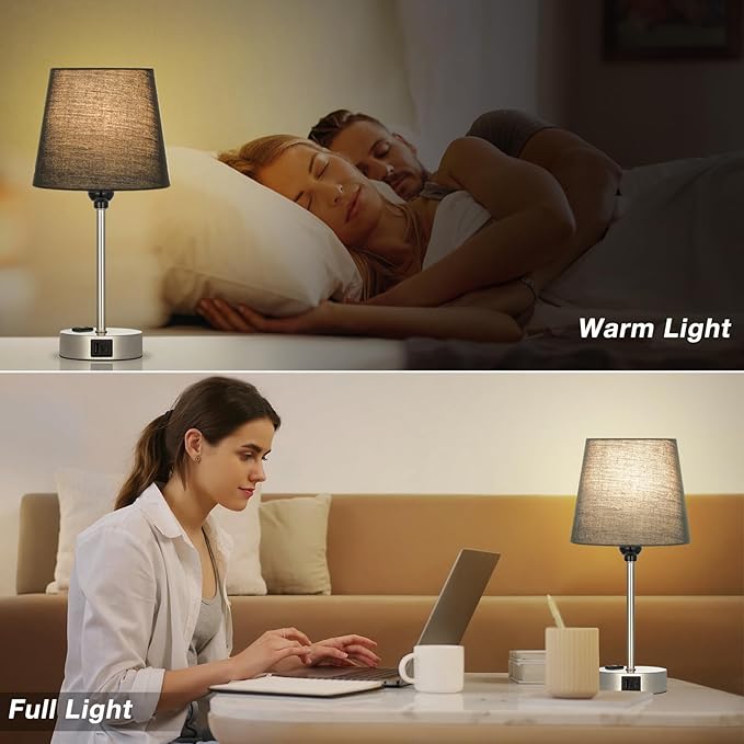 Table Lamps for Bedrooms Set of 2 Bedside - Nightstand Bedroom Lamp with USB C Port and AC Outlet Charging, Dimmable Touch Small End Side Lamp, Black Night Stand Light for Kid/Guest Room/Living Room - LeafyLoom