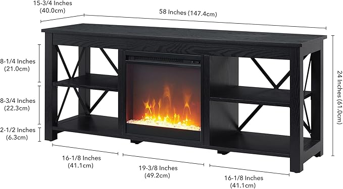 Henn&Hart Rectangular TV Stand with Crystal Fireplace for TV's up to 65" in Black, TV Stands for the Living Room - LeafyLoom