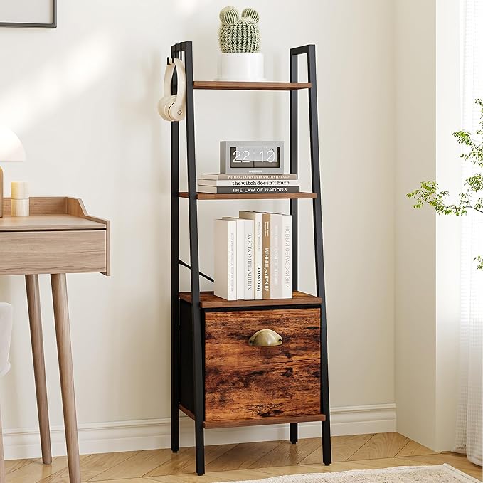 Narrow Bookshelf Bookcase with Drawer, Ladder Shelf with 2 Hooks, Bookshelves Storage Organizer, Freestanding Display Standing for Home Office, Bedroom, 4 Tier Rustic Brown BC19401B - LeafyLoom