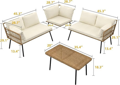 DWVO 4 Pieces Patio Furniture Set, Outdoor Rattan Woven Patio Conversation Set Sectional L-Shaped Sofa with 5 Seater for Backyard, Porch, Boho Detachable Lounger with Cushions and Side Table (Beige) - LeafyLoom