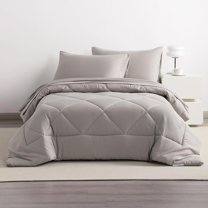 NTBAY Twin Comforter Set with Sheets, 5 Pieces Soft and Breathable Twin Bedding Set, Twin Bed in a Bag, Down Alternative Comforter Set Solid Color All Season, Kids Bedding Set, Smoke Grey - LeafyLoom