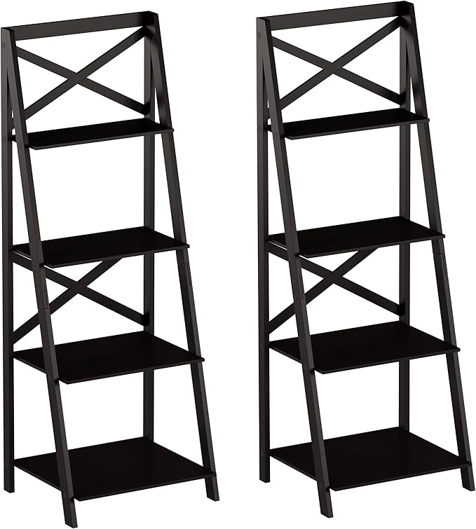 Lavish Home 4-Tier Ladder Bookshelf Set – Set of 2 Free Standing Wooden Living Room Shelves – Decorative Bookcases for Home and Office (Black) - LeafyLoom