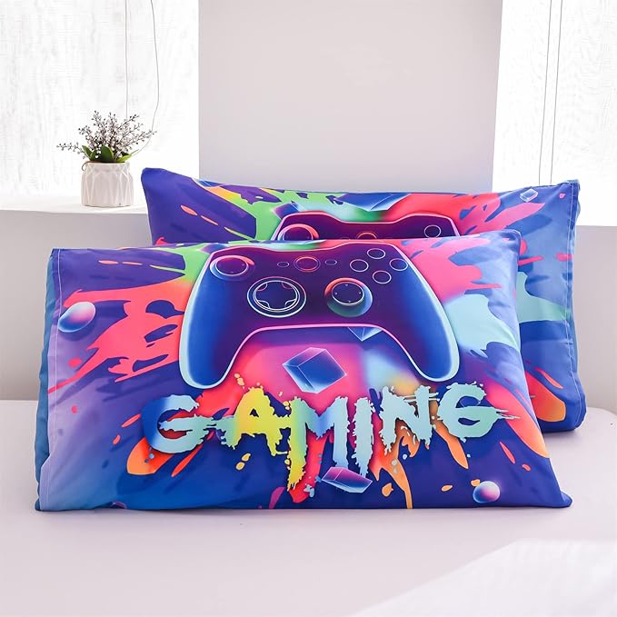 Aimuan Gaming Comforter Sets for Boys Kids Bedding Sets Video Games Console Action Buttons Novelty Colorful Game Gamepad Controller Modern Gamer Room Decor Home Quilt Set (Twin, Purple) - LeafyLoom