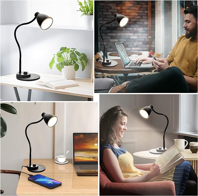 BOHON LED Desk Lamp with USB Charging Port 3 Color Modes Dimmable Reading Light Intelligent Induction Auto Dimming Task Lamp Flexible Gooseneck Table Lamp for Bedside Office, AC Adapter Include - LeafyLoom