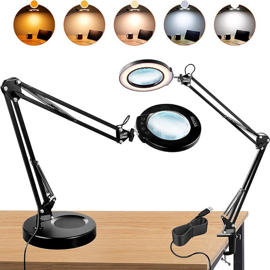 VEVOR 5X Magnifying Glass with Light and Stand, 【Upgraded】 5 Color Modes Stepless Dimmable, 4.3" Glass Lens Magnifier Desk lamp, 2-in-1 Magnifying Light and Stand for Crafts, Reading, Close Work - LeafyLoom