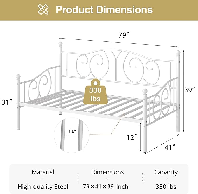 VECELO Twin Daybed Frame, Metal Day Bed with Classic Headboard, Multifunctional Platform Beds for Bedroom, Living Room, Guest Room, No Boxing Spring Needed, White - LeafyLoom