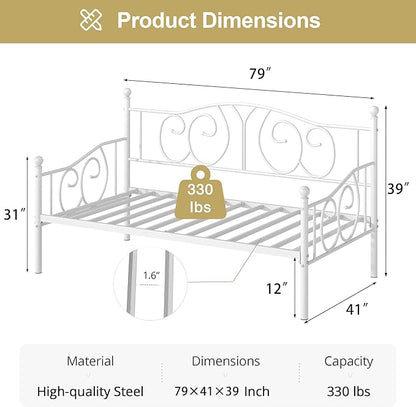 VECELO Twin Daybed Frame, Metal Day Bed with Classic Headboard, Multifunctional Platform Beds for Bedroom, Living Room, Guest Room, No Boxing Spring Needed, White - LeafyLoom