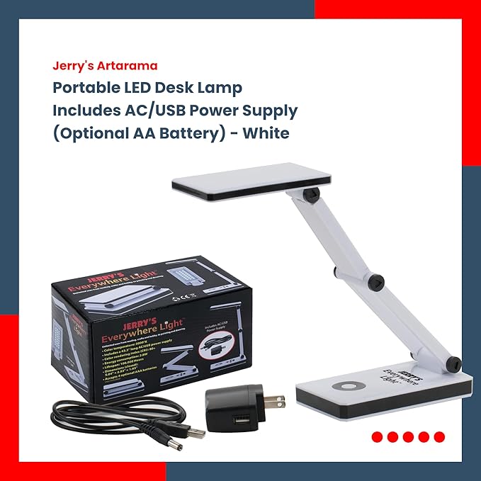 Jerry's Artarama Portable LED Desk Lamp - Flexible Gooseneck, Adjustable Level 24 LEDs, Stepless Dimming Desk Lamp, Perfect for Crafting - includes AC/USB Power Supply (Optional AA Battery) - White - LeafyLoom