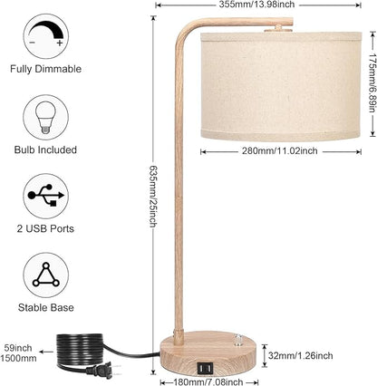 Farmhouse Table Lamp, Fully Dimmable Bedisde Lamp with Dual USB Charging Ports, Modern Nightstand Lamp, Tall Table Lamp Desk Reading Lamp for Living Room, Bedroom, Office, 9W LED Bulb Included - LeafyLoom