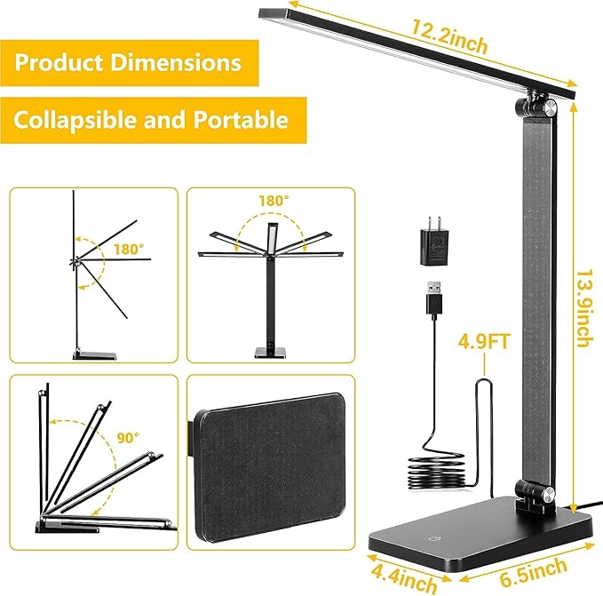 LED Desk Lamp for Home Office, 3 Levels Dimmable Desk Light with USB Charging Port, Small Study Lamp, Reading Light for Table, Black, 5000K - LeafyLoom