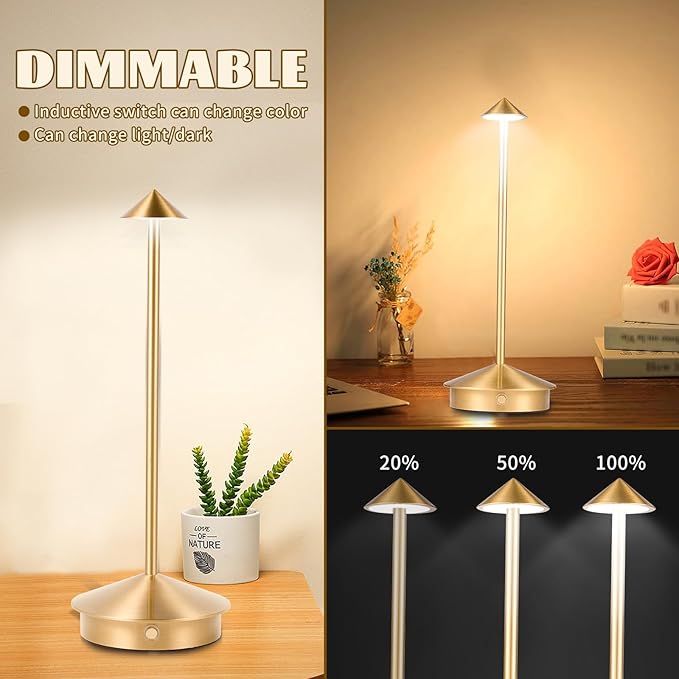 Rechargeable Battery Operated Desk Lamp with Touch Sensor Cordless Portable LED Table Lamp， Three-Level Dimmable Suitable for Bars/Cafes/Restaurants/Bedrooms/Camping Sites (Gold) - LeafyLoom