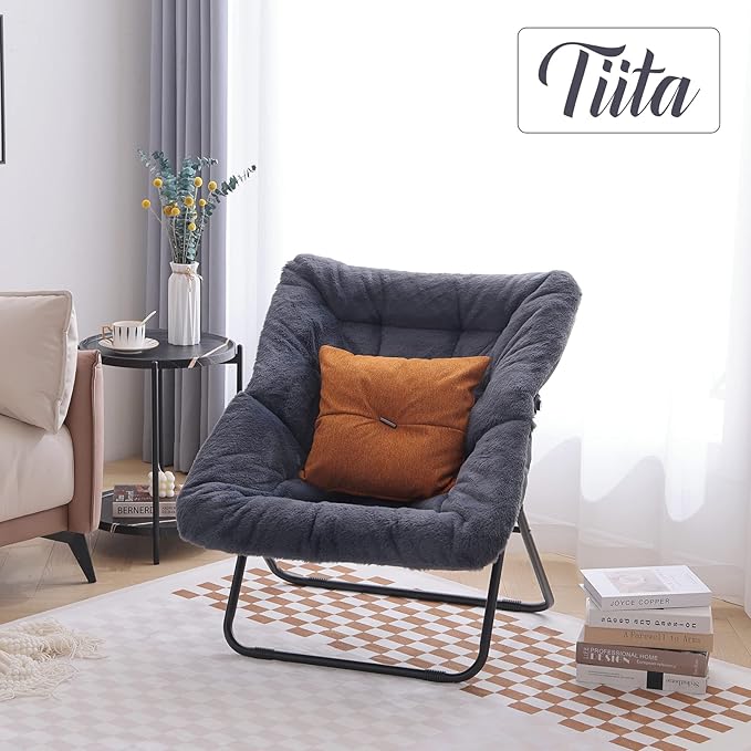 Tiita Comfy Saucer Chair, Soft Faux Fur Oversized Folding Accent Chair, Lounge Lazy Chair for Kids Teens Adults, Metal Frame Moon Chair for Bedroom, Living Room, Dorm Rooms - LeafyLoom