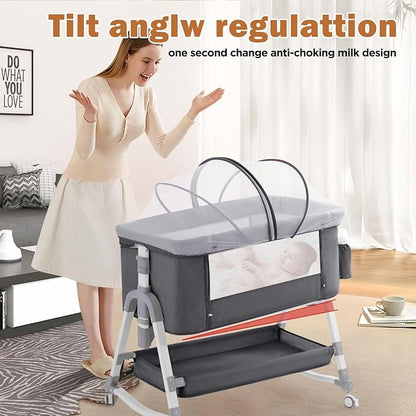 4 in 1 Baby Bassinet,Easy Folding Portable Bedside Crib with Comfy Mattress and Wheels,Height Adjustable Bassinet with Mosquito net Included,Grey - LeafyLoom