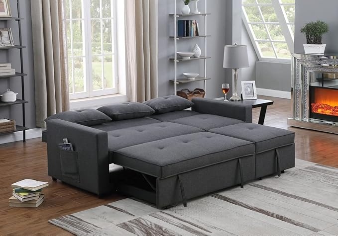 RITSU L Shaped Sectional Sofa Chaise, Pull Out Convertible Couch Bed, Storage Pockets On The Sides, Linen Upholstery, Suitable for Living Room, Apartment, Light Gray, 79.75inch - LeafyLoom