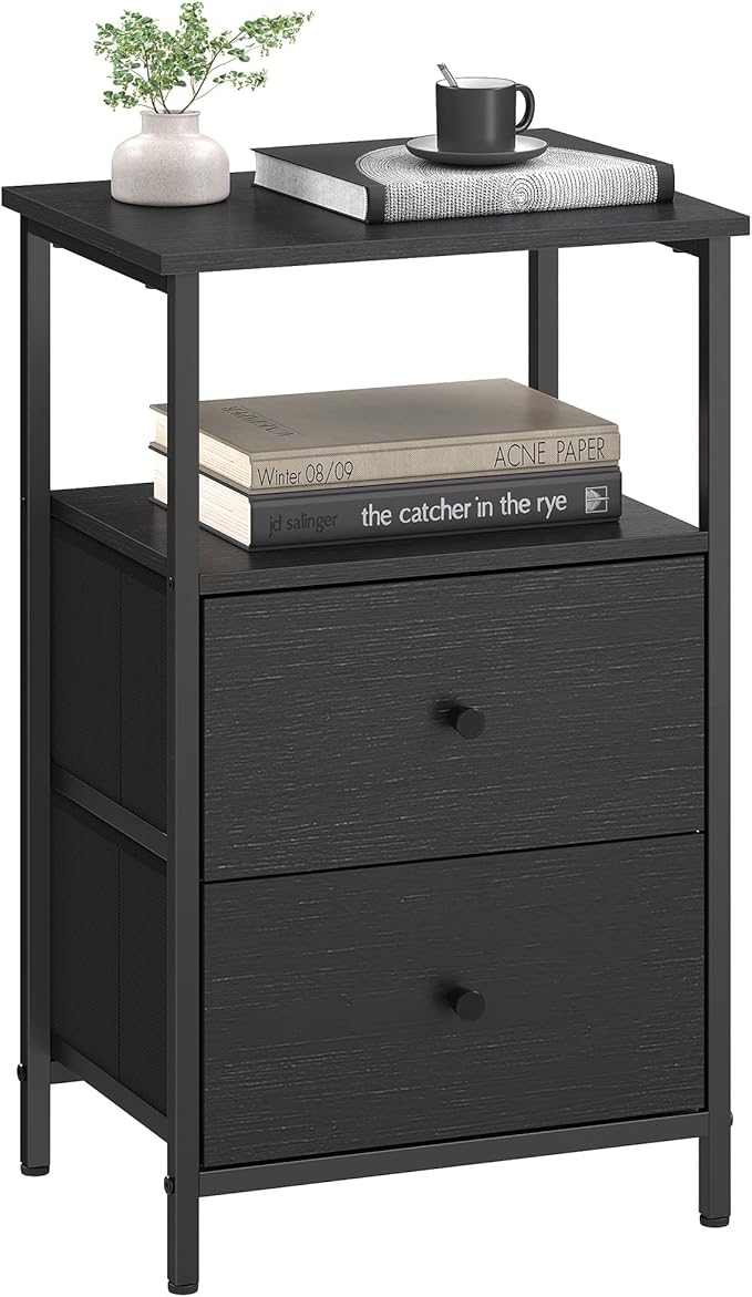 VASAGLE Nightstand, Side Table with 2 Fabric Drawers, 24-Inch Tall End Table with Storage Shelf, Bedroom, Ash Black and Black ULGS025B21 - LeafyLoom