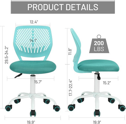 FurnitureR Desk Chair Small Study Chairs Armless for Child Kids Teens, Swivel Rolling Lightweight Task Chair with Wheels and Mesh Padded Cushion, Turquoise - LeafyLoom