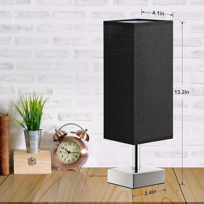 Black Small Table Lamp for Nightstand - Bedside Lamps for Nightstand, Minimalist Bedroom Lamp with Sliver Base, Desk Reading Lamp for Kids Room Living Room Office - LeafyLoom