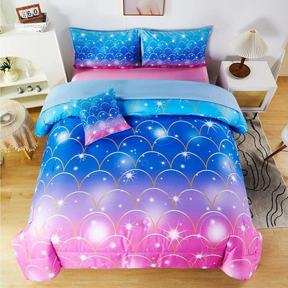 URBONUR 6 Pcs Mermaid Comforter Set Twin Size Gradient Pink and Blue Twin Bedding Sets for Girls/Kids/Teen, Colorful Glitter Printed Bed in a Bag Comforter with Sheet Set - LeafyLoom