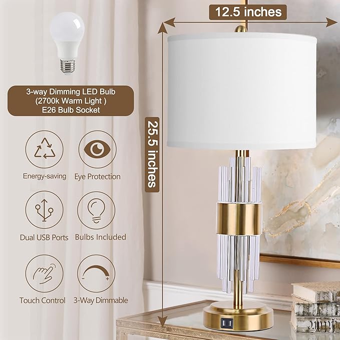 QiMH Gold Table Lamp for Living Room with USB Ports, Bedside Lamps for Bedrooms with Touch Control USB Ports, Modern Nightstand Lamp White Drum Lamp Shade Home Light Decor (2700K LED Bulb Included) - LeafyLoom