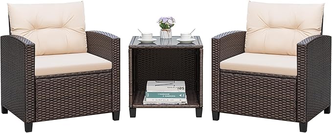 Greesum 3 Pieces Patio Furniture Sets Outdoor PE Rattan Wicker Chairs with Soft Cushion and Glass Coffee Table for Garden Backyard Porch Poolside, Beige - LeafyLoom