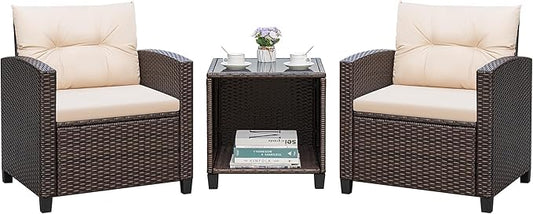 Greesum 3 Pieces Patio Furniture Sets Outdoor PE Rattan Wicker Chairs with Soft Cushion and Glass Coffee Table for Garden Backyard Porch Poolside, Beige - LeafyLoom