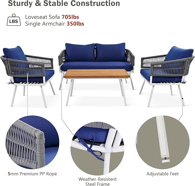 4-Piece Outdoor Patio Furniture Boho Rope Weave Set, Conversation Loveseat Sofa&Chairs with Acacia Wood Table and Thick Cushions, for Garden Backyard Balcony, Onesize, Navy Blue - LeafyLoom